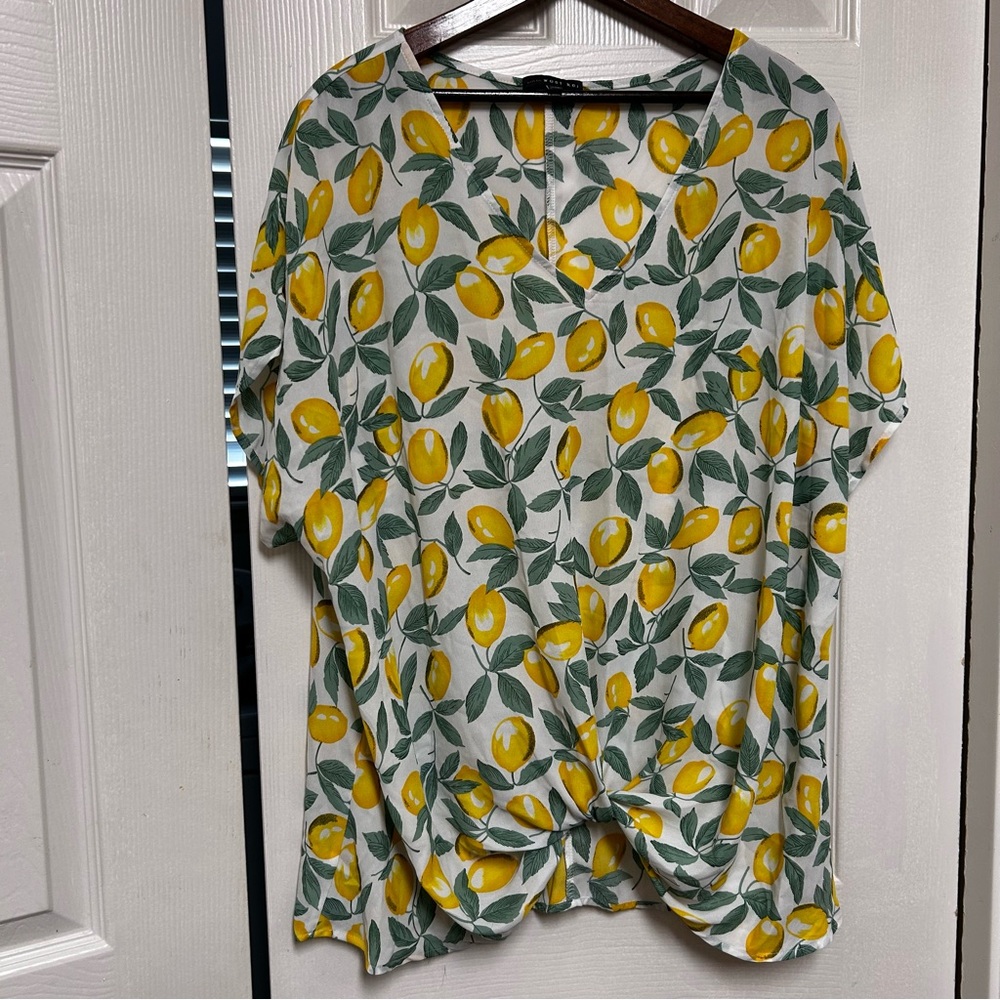 West Kei Women’s Blouse Yellow Lemons‎ Green Leaves XXL Front Tie